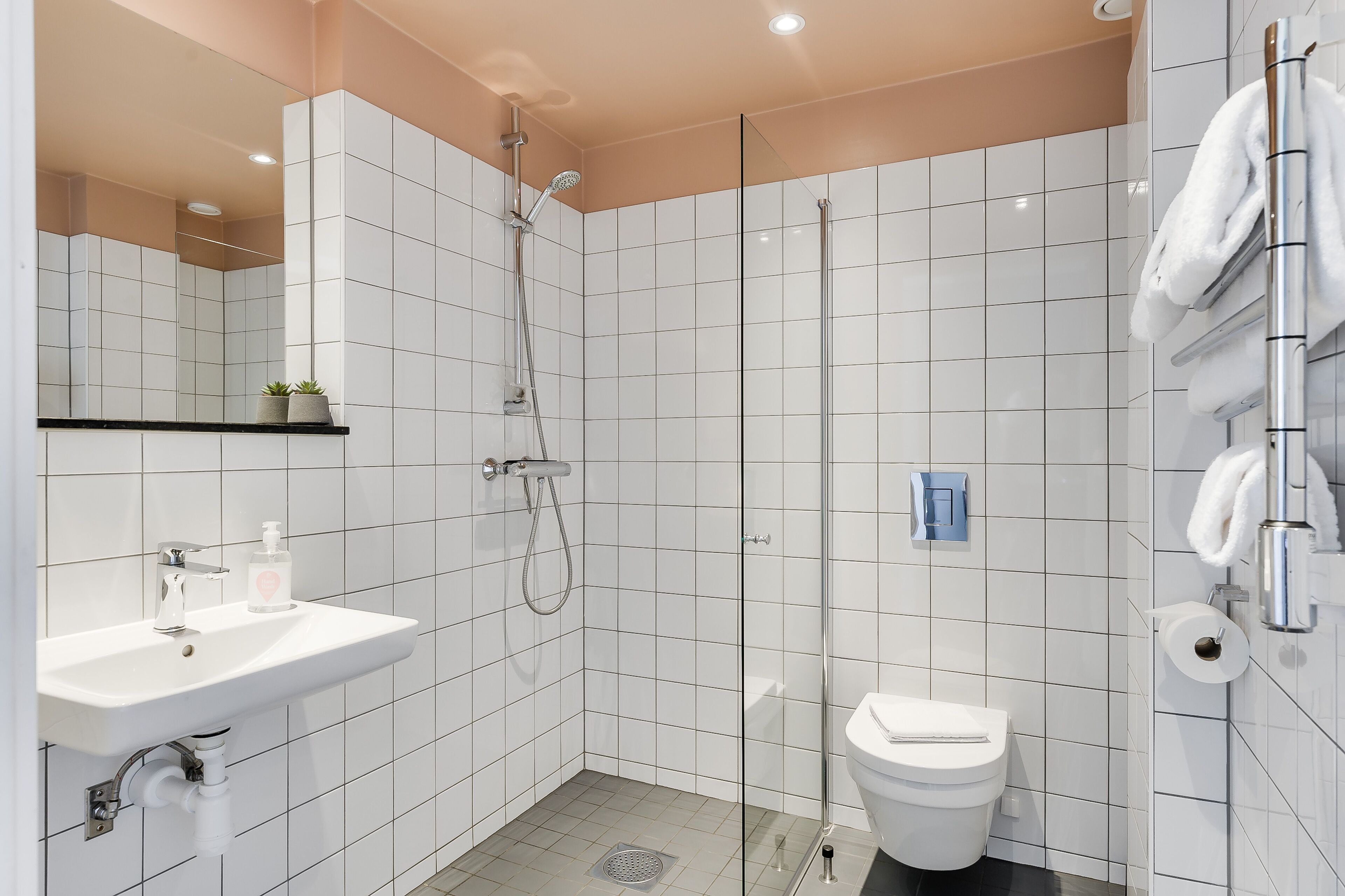Une salle de bain moderne avec une douche à parois de verre, un lavabo blanc doté d’un distributeur de savon et des toilettes.