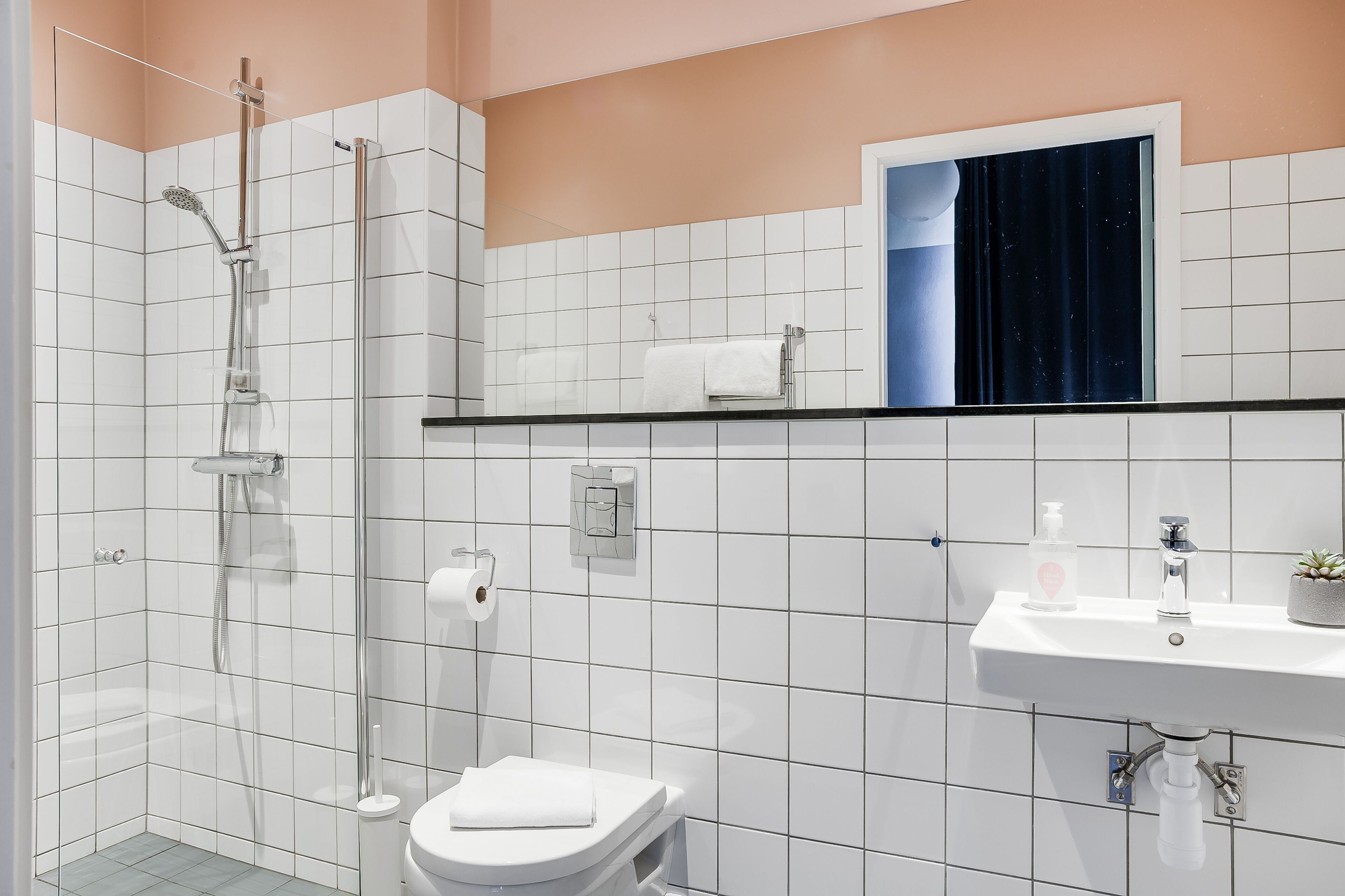 A modern bathroom with a glass-enclosed shower, a white toilet, a sink with a mirror, and a small potted plant.