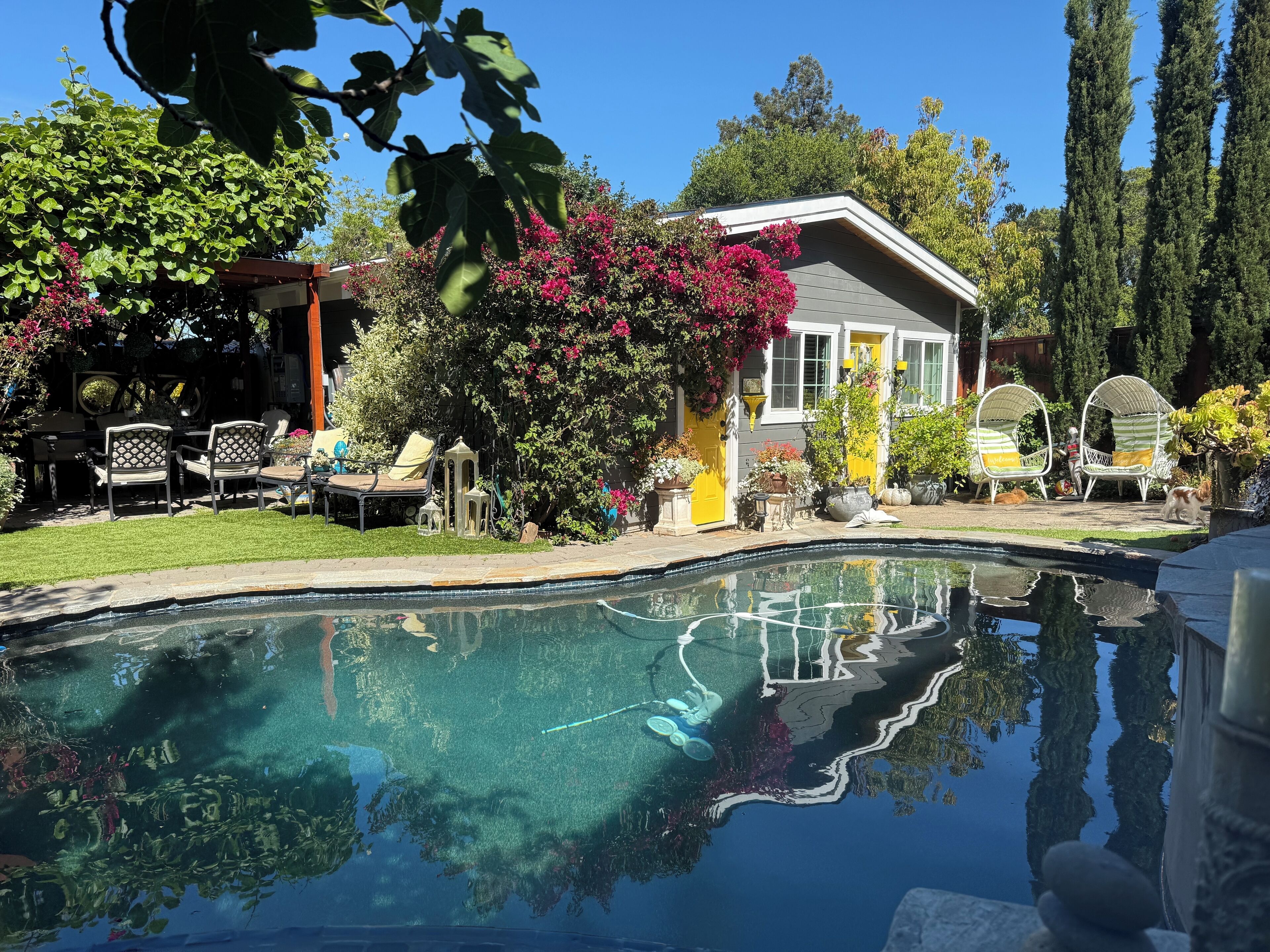 A swimming pool with a clear reflection, surrounded by a garden with various plants and a yellow house in the background.