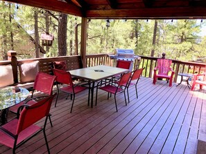 Eine Terrasse im Freien mit Tisch, Stühlen, einem Grill und Blick auf Bäume.