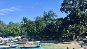 A clear view of a beach with several boats anchored near the shore, surrounded by lush greenery and clear blue water. - Gilizen Resort - Private Pool Villas (Gili Air)