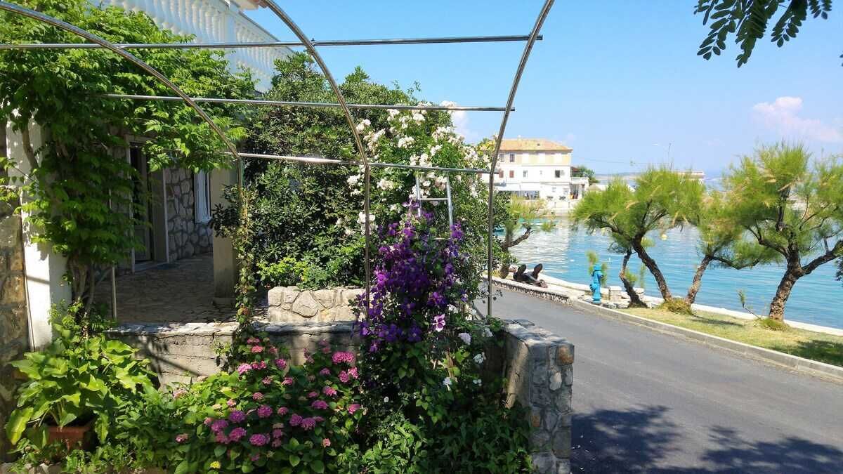 En gade med en stenvæg, et pergola overdækket med blomster, og udsigt til et vandareal med bygninger i baggrunden.
