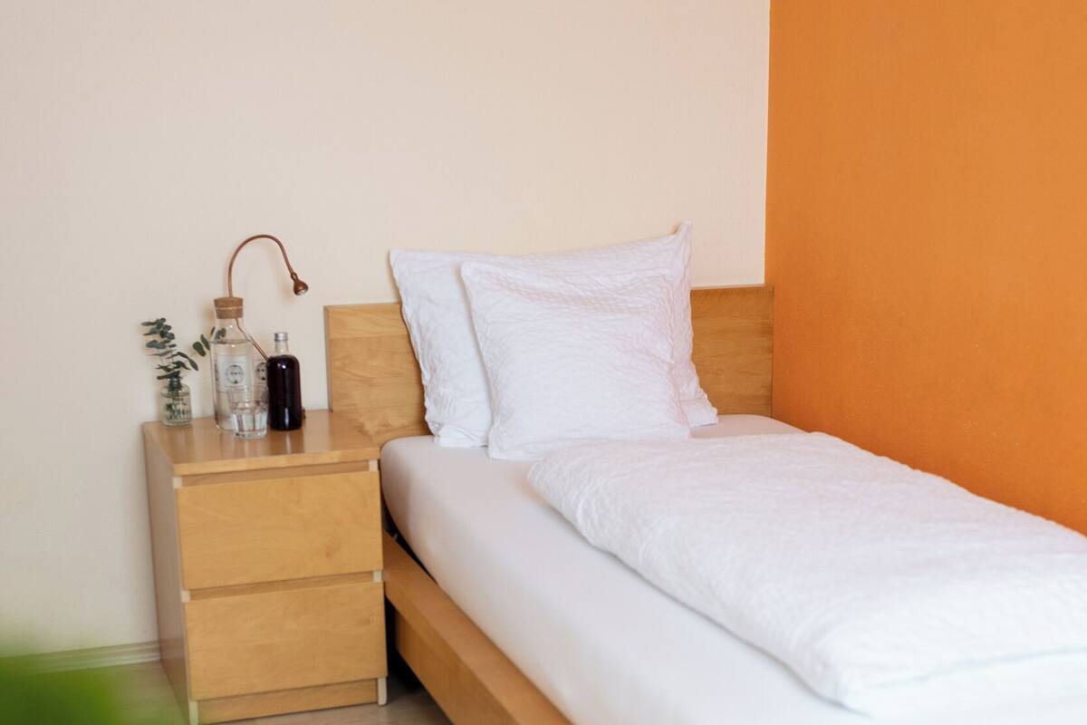 Una cama individual con estructura de madera y ropa de cama blanca en una habitación con una mesita de noche de madera y una planta pequeña.