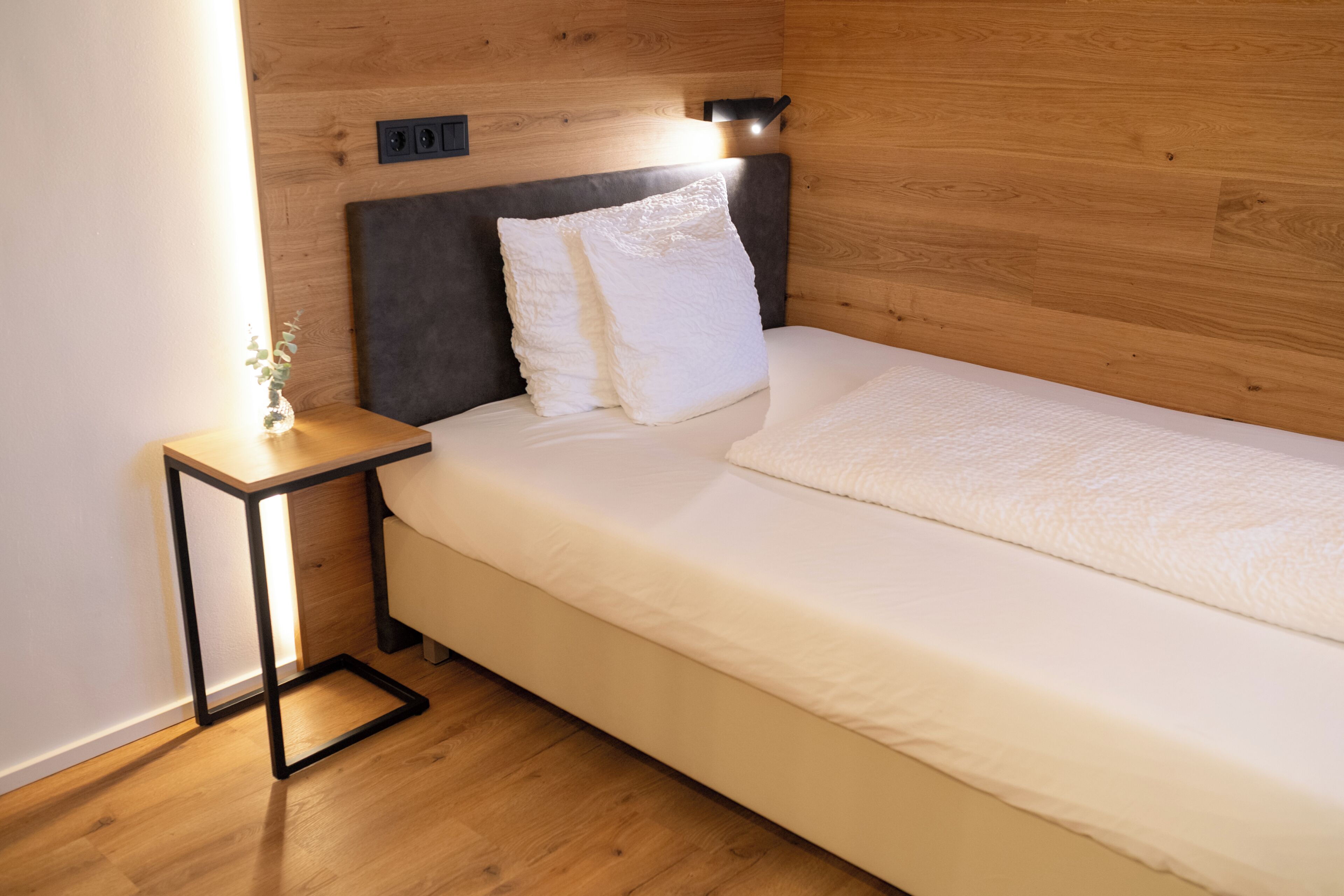 Una cama individual con cabecera, una mesita de noche con lámpara y una planta pequeña.