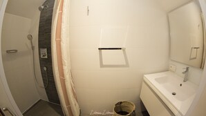 Une salle de bain avec une douche, un lavabo et un miroir.