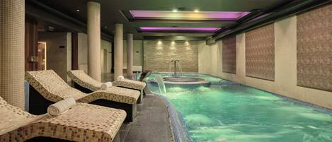Indoor pool, seasonal outdoor pool, pool umbrellas, sun loungers