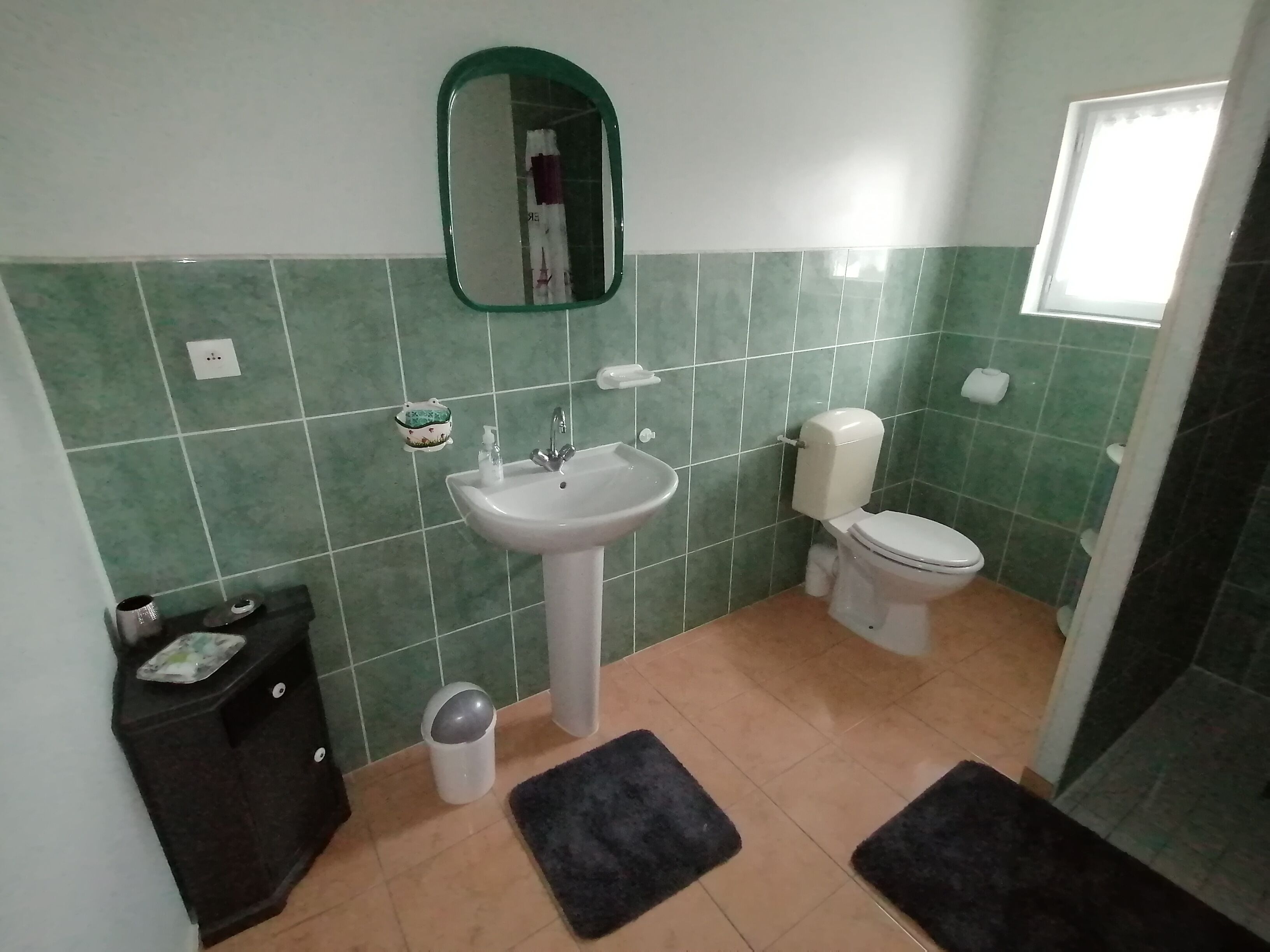 A bathroom with a sink, toilet, and mirror. There is a trash bin and a small shelf with toiletries.