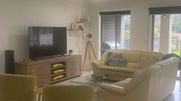 Smart TV, livros, aparelho de som