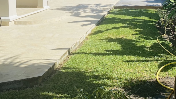 A modern building with a pool, surrounded by a well-maintained lawn and tropical plants. - Large villa Le Ficus by the sea with swimming pool (PAEA)