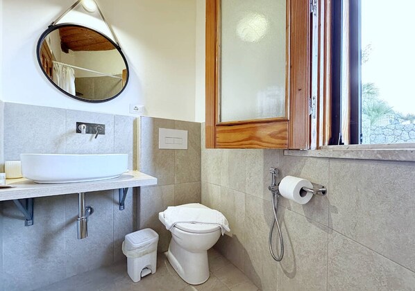 Ein kleines Badezimmer mit einem weißen Waschbecken, einer Toilette und einer Dusche.