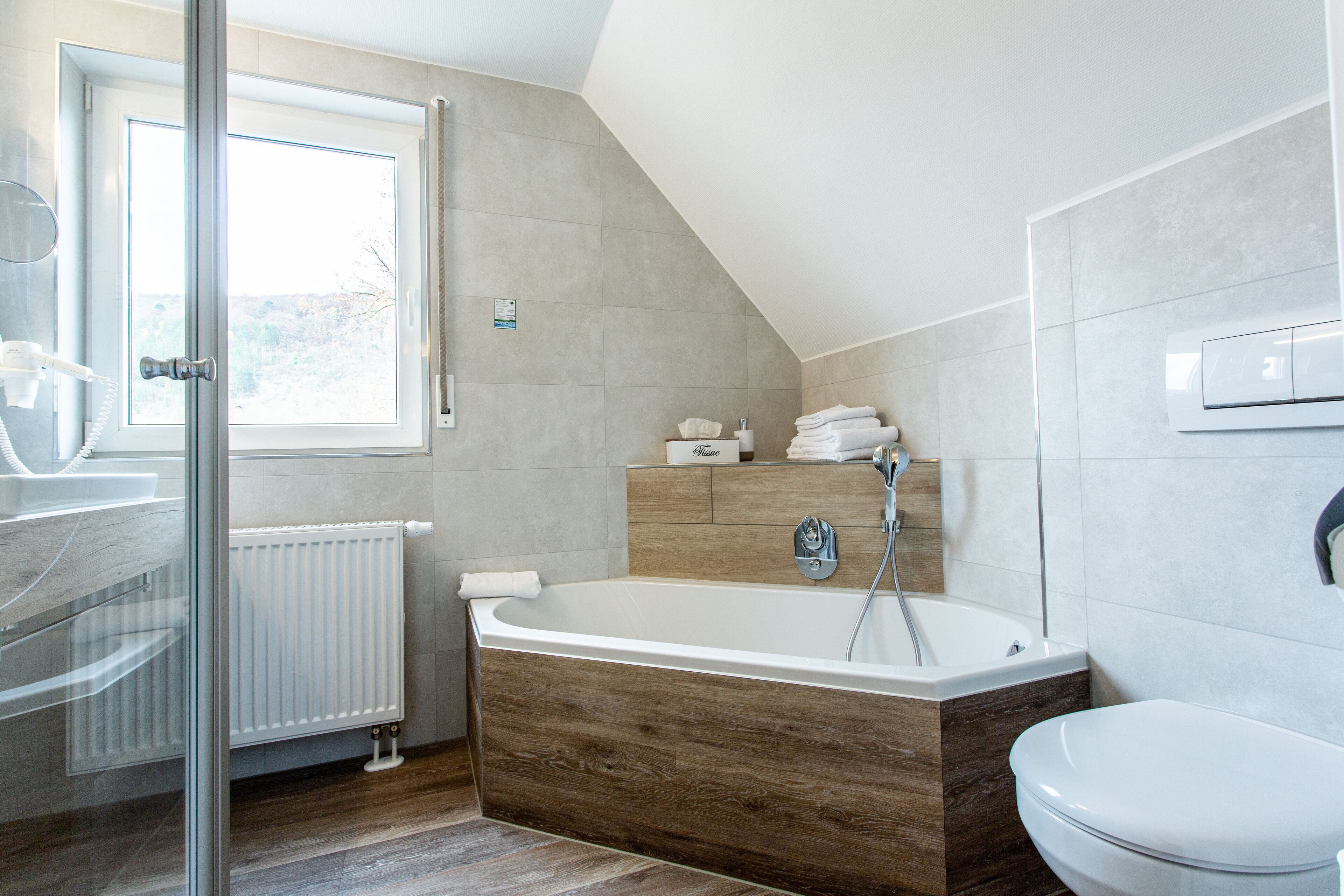 comfort double room | bathroom | shower, free toiletries, hair dryer, towels