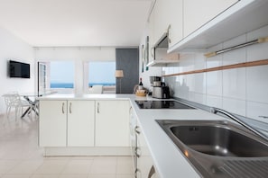 Panorama appartement, 1 slaapkamer | Privékeuken | Een koelkast met diepvriezer, een microgolfoven, een oven, een kookplaat