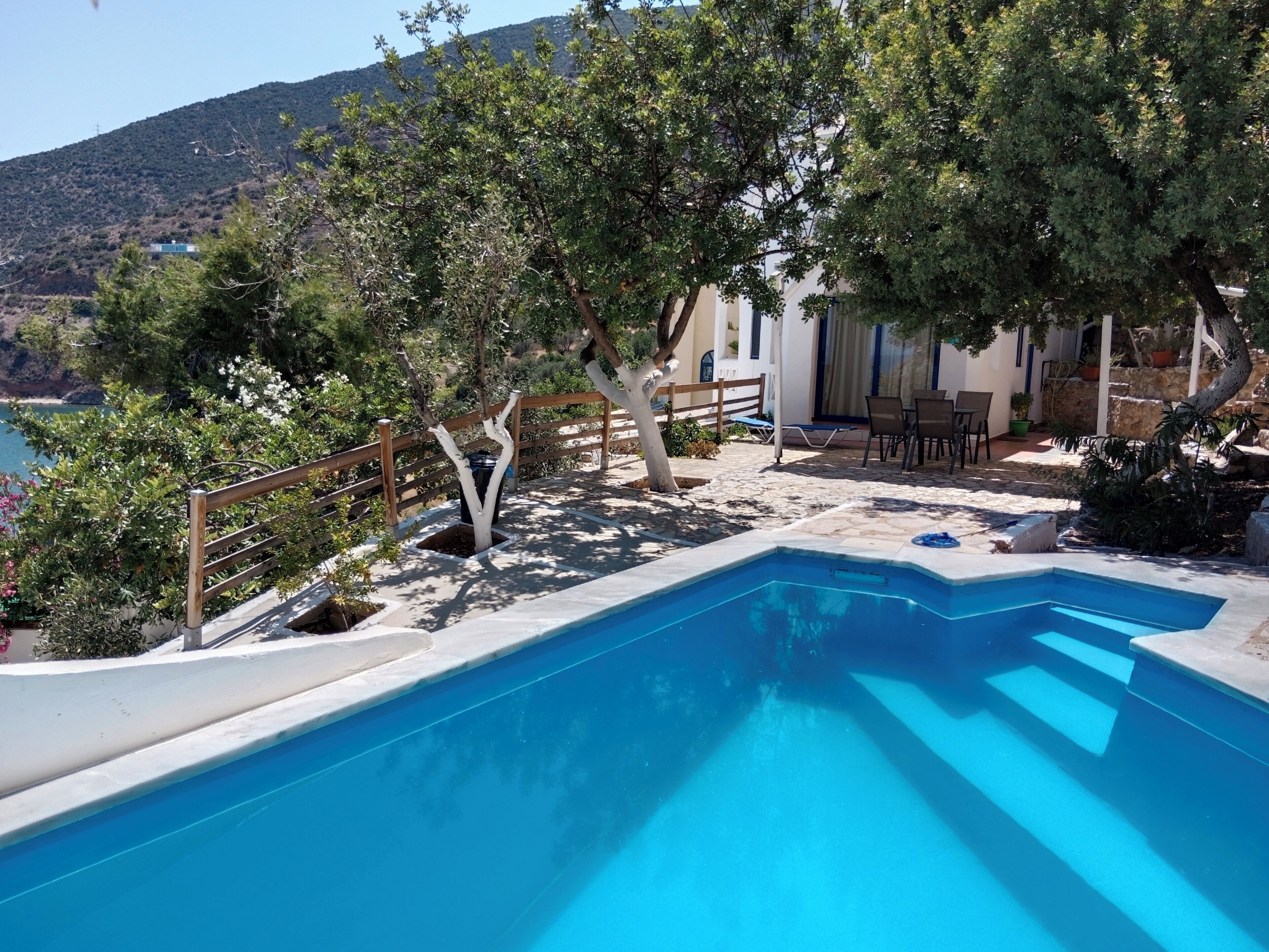 A swimming pool with a wooden deck, surrounded by trees and a view of a hillside.