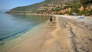 A beach with clear water, a person standing, and a hill with sparse vegetation.