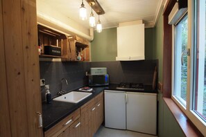 Fridge, microwave, stovetop, coffee/tea maker