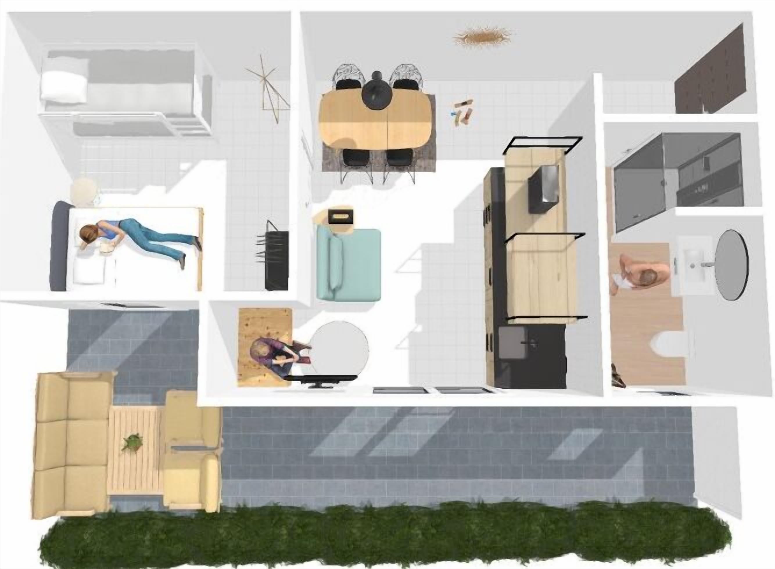 A floor plan of a hotel room with a bed, a desk, a chair, a small table, a sofa, a window, and a bathroom.
