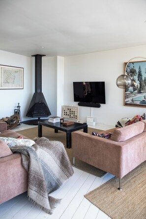 Smart-TV, peis, bøker og stereoanlegg