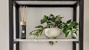 Une étagère à cadre noir contenant trois récipients transparents étiquetés « bonnets de douche », « cotons-tiges » et « fils interdentaires ». En dessous, une plante en pot aux feuilles panachées et un récipient blanc contenant un linge blanc.