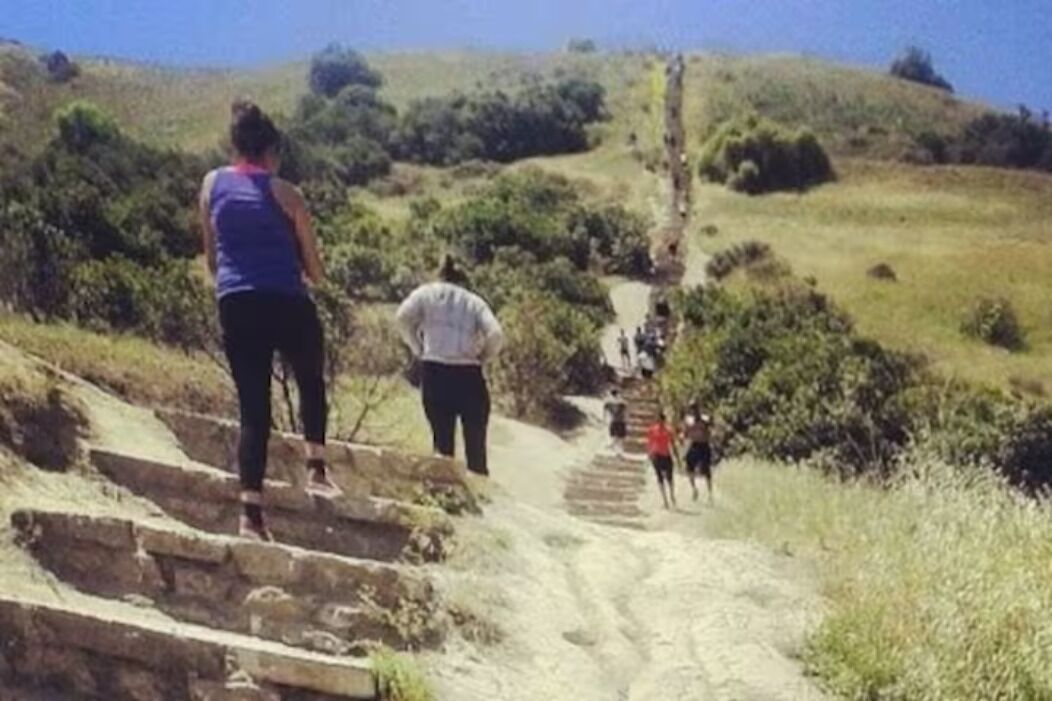 A person ascending a stone staircase in a natural, hilly environment.