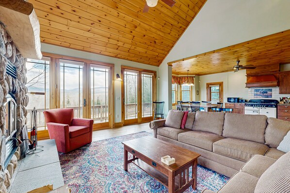 Televisión, chimenea, reproductor de DVD y videoteca