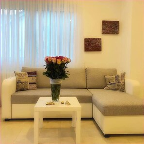 Deluxe appartement (incl. Cleaning Fee 29.90 EUR) | Woonruimte | Een 42-inch flatscreentelevisie met satellietzenders en een televisie