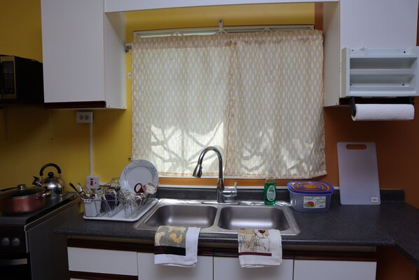 A kitchen with a sink, stove, and various kitchen utensils.