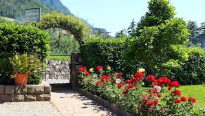 Une entrée de jardin avec un chemin de pierre, des fleurs rouges et un panneau indiquant la présence d’une pension.