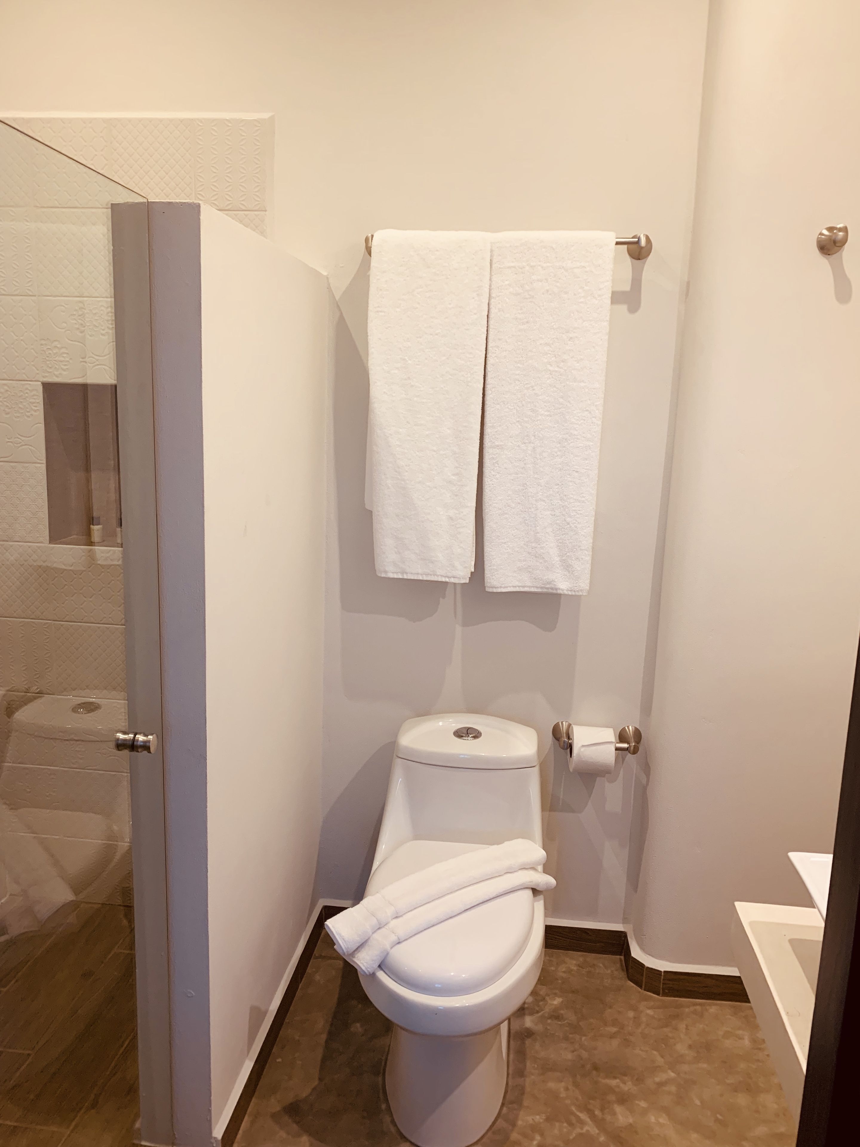 shower, rainfall showerhead, free toiletries, towels