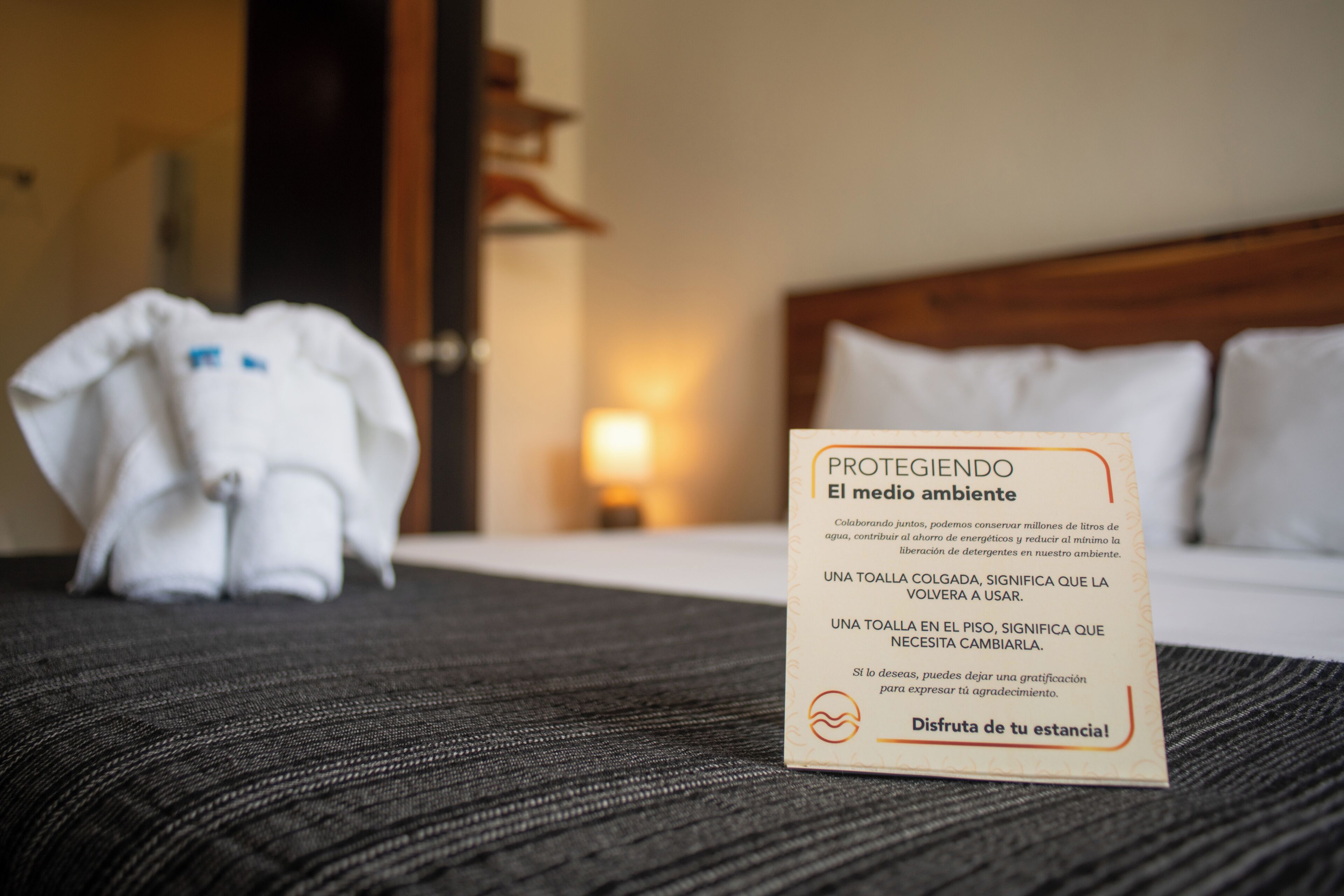 A hotel room with a neatly made bed, a sign explaining the towel usage policy, and a folded towel on the bed.