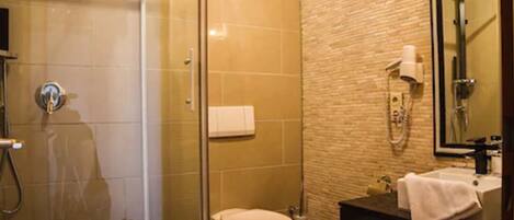 A bathroom with a glass-enclosed shower, a toilet, and a sink with a mirror.