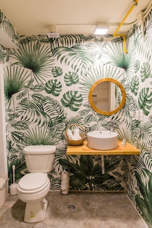 淋浴设施、大花洒淋浴喷头、免费洗浴用品、吹风机