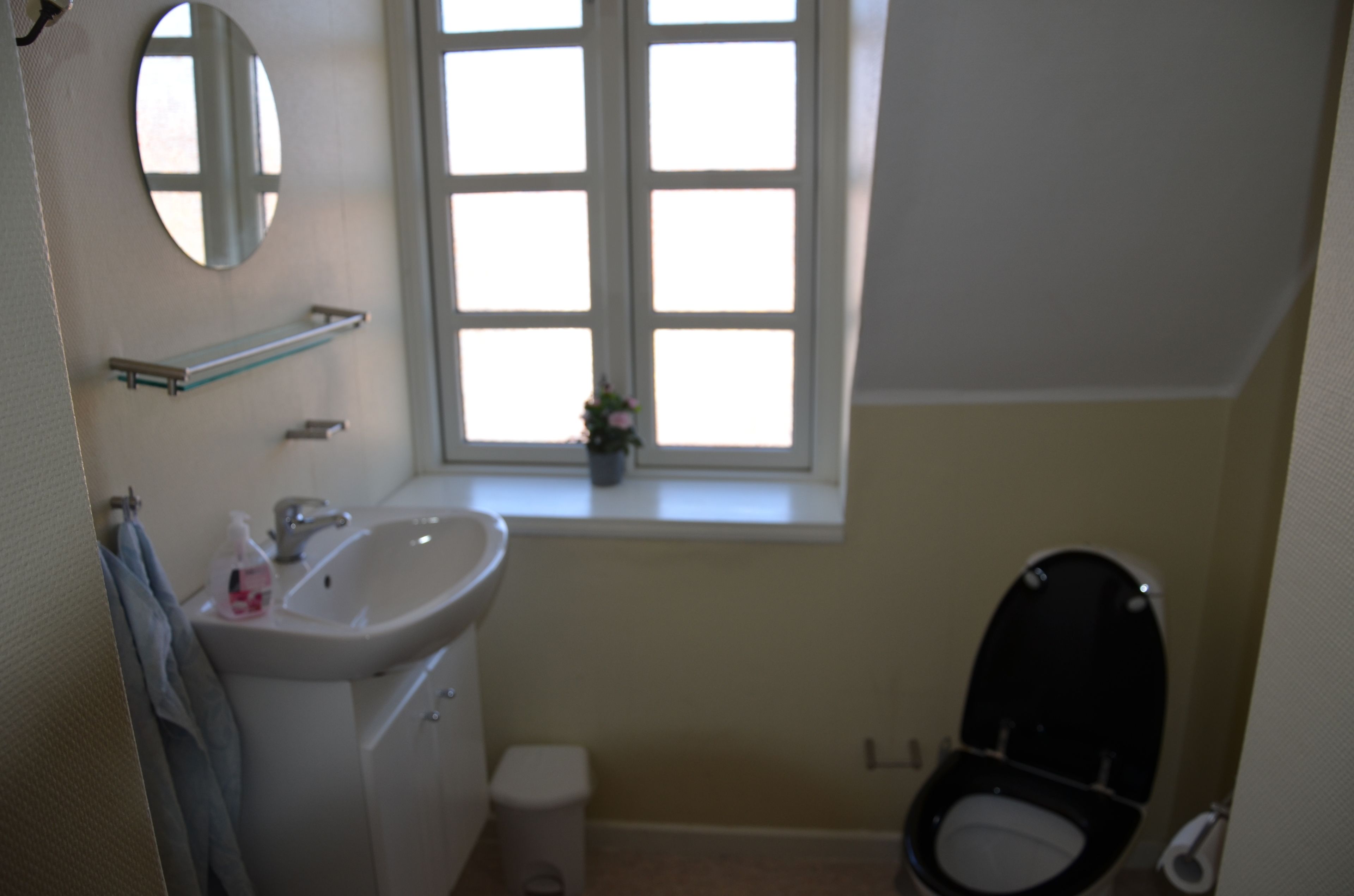 Un baño con un lavamanos blanco, un espejo, una ventana y un inodoro.