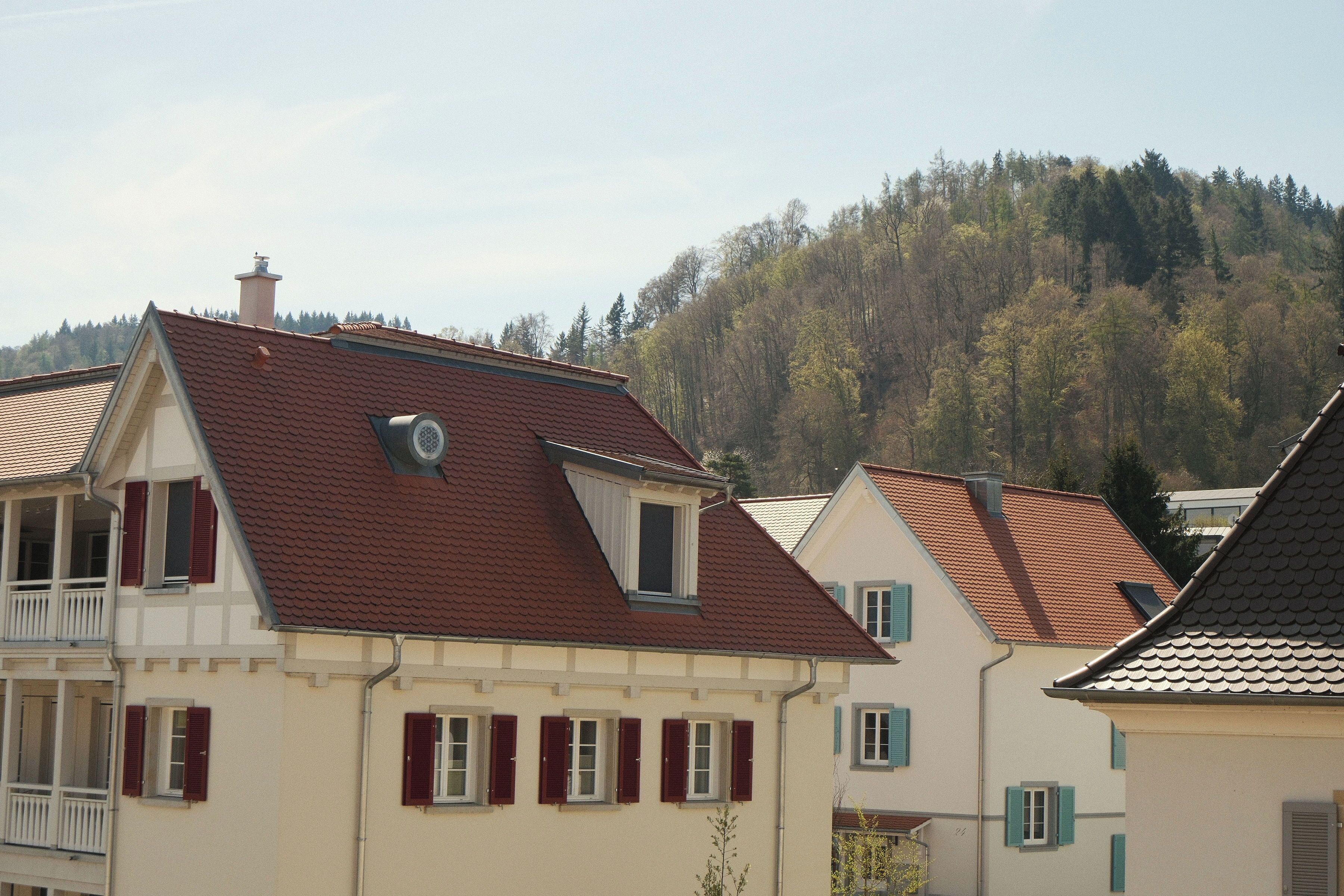 En række traditionelle europæiske huse med røde tegltage og hvide facader, foran en skovklædt bakke.
