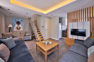 Dúplex familiar, 2 habitaciones | Zona de estar | Una televisión LED