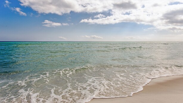 A beach with clear turquoise water and a sandy shore under a partly cloudy sky. - Directly Across from Gulf with Views from Every Balcony! The Easiest Access! (Navarre)