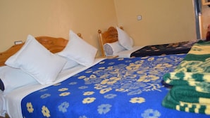 Ein Hotelzimmer mit zwei Betten, jeweils mit einem hölzernen Kopfteil und weißen Kissen. Die Betten sind mit blau-blumigen Bettdecken ausgestattet.