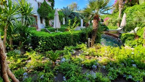 Un jardin luxuriant avec une piscine, des palmiers et un bâtiment blanc orné de fleurs roses.