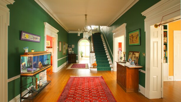 Un pasillo con suelo de madera, paredes verdes, un tapete rojo con estampado y una escalera que conduce a otra habitación. Incluye un acuario.