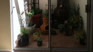 A sliding glass door leading to a patio area with various potted plants and a rustic fireplace. - Cool Summers + Warm Winters on 18 Hole Golf Course (Escondido)