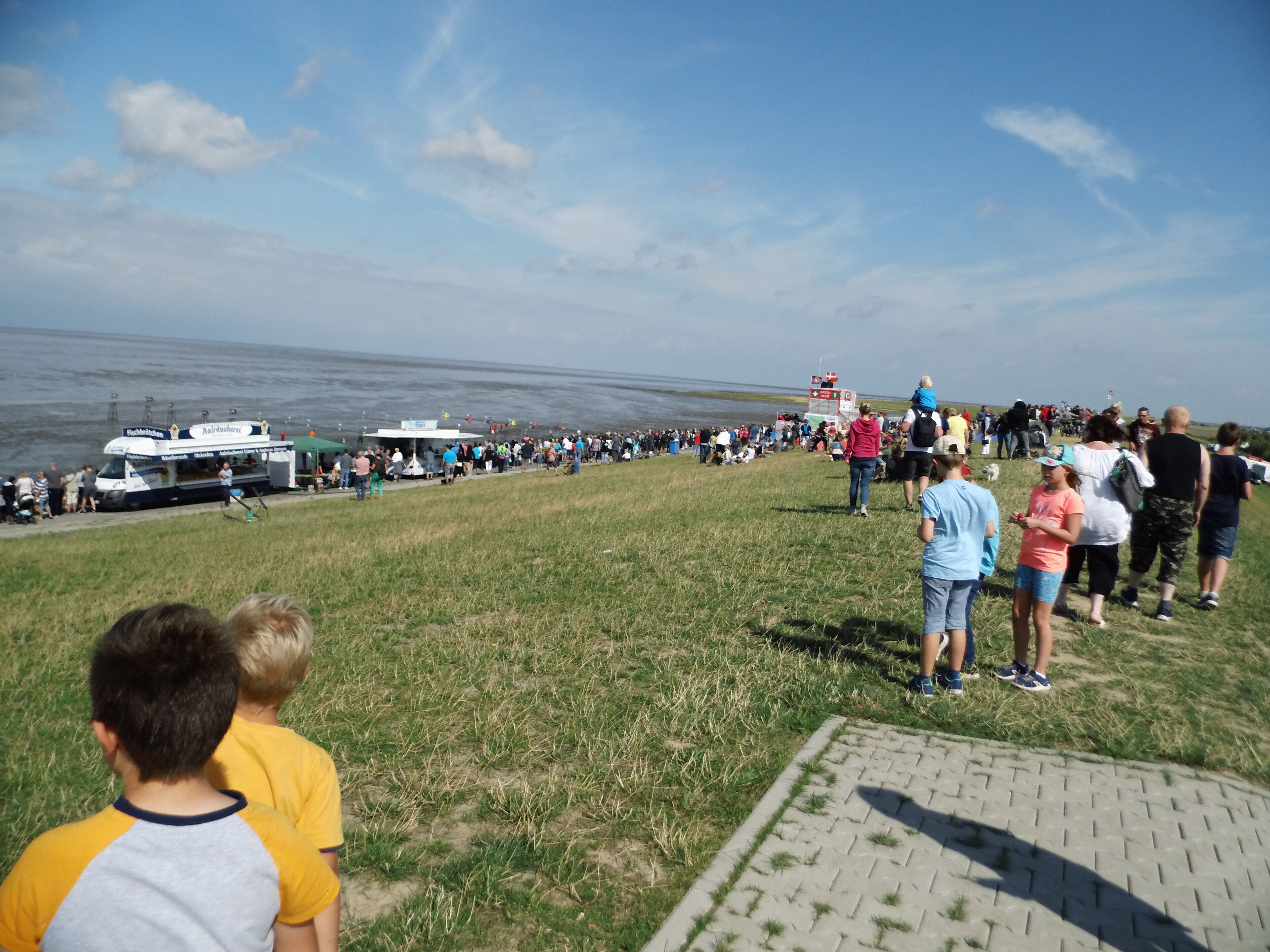 A grassy area with a paved walkway leading to a body of water.