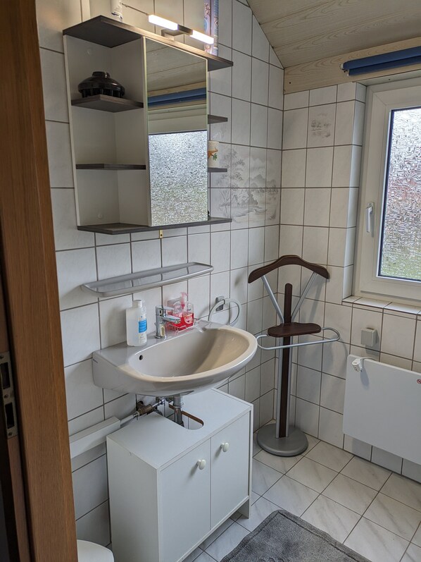Een moderne badkamer met een witte wastafel, spiegel en planken. Er is een raam met uitzicht op bomen en een deur met een hendel.