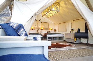 Luxury Tent, 2 Queen Beds, Fireplace, Mountain View | Terrace/patio - Black Tree Resort (Lake George)