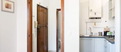 Kühlschrank, Mikrowelle, Herdplatte, Kochgeschirr/Geschirr/Besteck