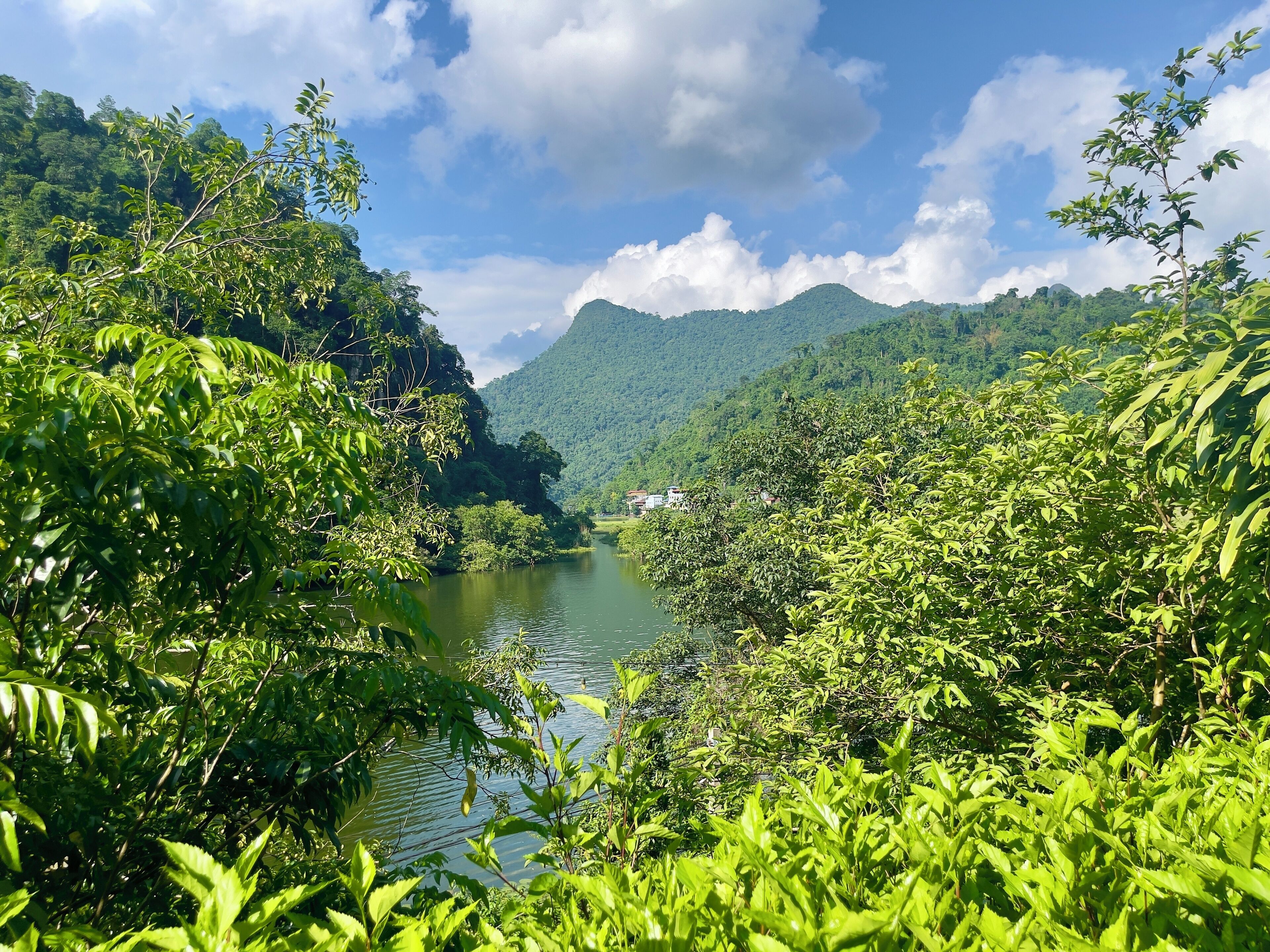 A river surrounded by lush greenery and hills.