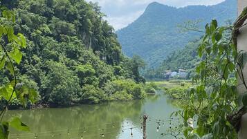 A view of a river with a wooden dock and a building in the background.