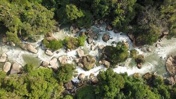An aerial view of a river flowing through a densely wooded area with visible rocks and trees.
