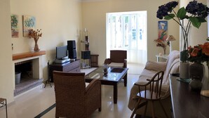 A living room with a fireplace, a television, a coffee table, and wicker chairs. There is a window with a view of the outside. - Spacious holiday home by the sea (Chiclana de la Frontera)