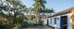 A traditional building with a white facade and blue doors, surrounded by lush greenery and palm trees.