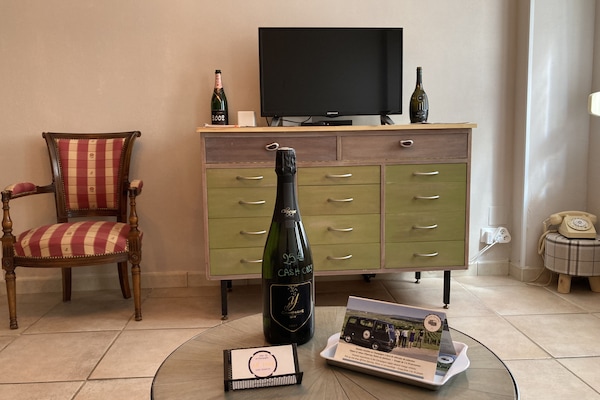 Salon avec meuble télé déco, bouteille de champagne en vente sur place