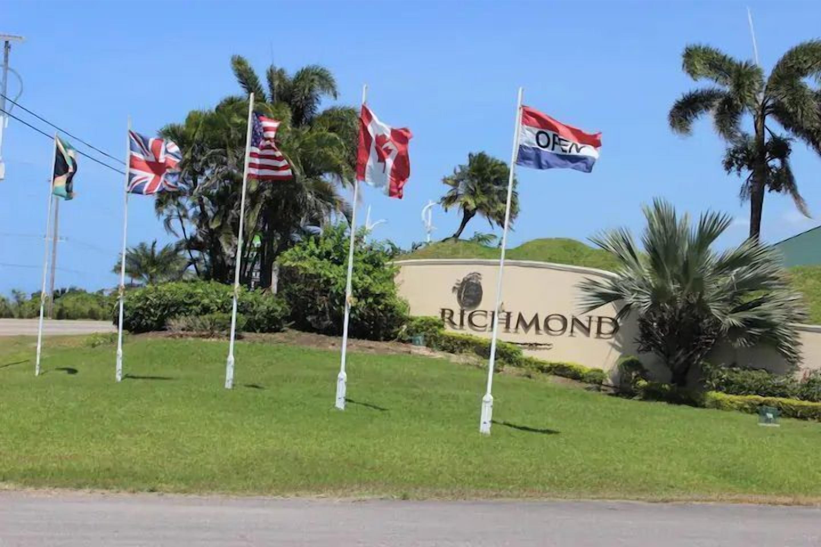 Un cartel con la inscripción 'RICHIHOND' y varias banderas, incluyendo las de Reino Unido, Estados Unidos y otras, en un área verde con palmeras.